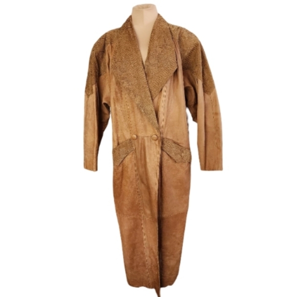 WINLIT Genuine Leather Duster Coat Women’s Large Tan Snakeskin Trim Vintage 80's - Picture 2 of 9